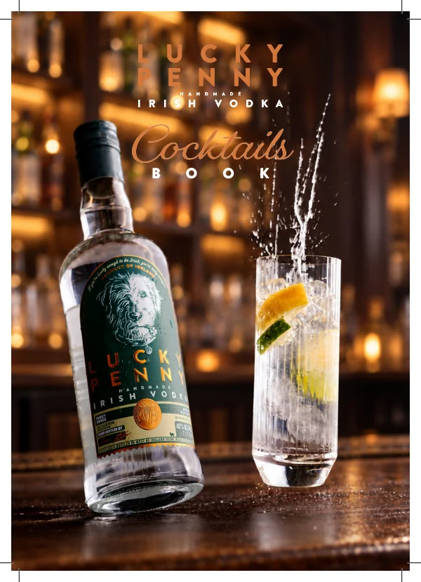 Lucky Penny Cocktails Book cover with vodka bottle and long drink